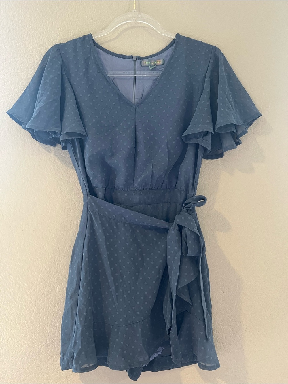 Vintage Inspired Blue Wrap Dress with Flutter Sleeves